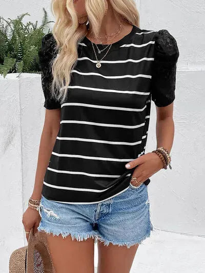 Striped Lace Detail Short Sleeve T-Shirt Women's T-Shirts - Tophatter Daily Deals